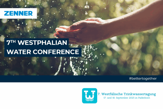 Background: water running through hands, overlay text 7th Westphalian water conference and ZENNER logo