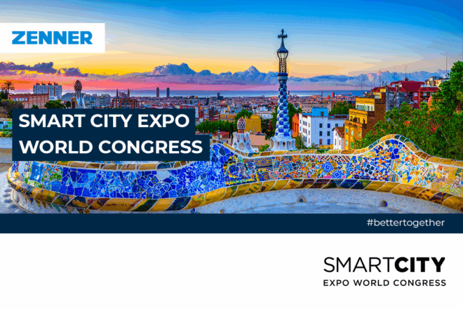 Save the Date Banner für den Smart City Expo World Congress: Skyline Barcelona, Logo ZENNER und der Messe mit Veranstaltungstitel